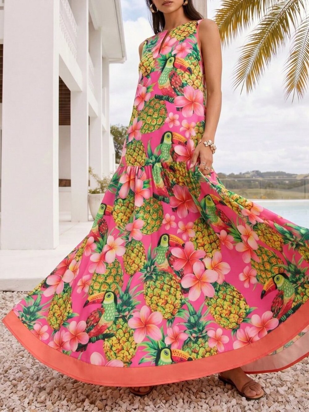 Multicolor Boho Women's Pineapple Bird Tropical Print Neck Slit Maxi Dress